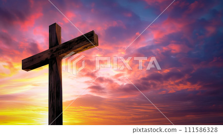 Jesus cross on Calvary Hill Dramatic Sunset at Golgotha 111586328
