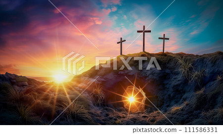 Three Crosses on Calvary Hill Dramatic Sunset at Golgotha 111586331