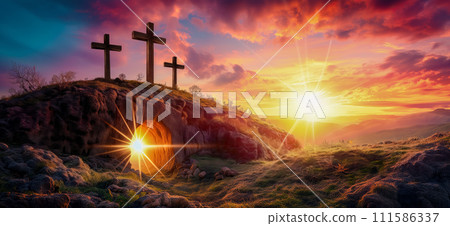 Three Crosses on Calvary Hill Dramatic Sunset at Golgotha 111586337