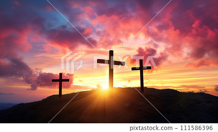 Three Crosses on Calvary Hill Dramatic Sunset at Golgotha 111586396