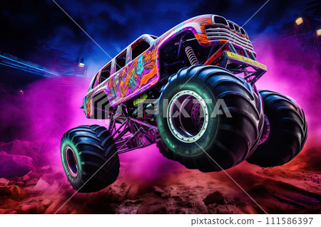 Neon-Lit Monster Truck Mid-Air at Night Show Neon-Lit Monster Truck Mid-Air at Night Show 111586397