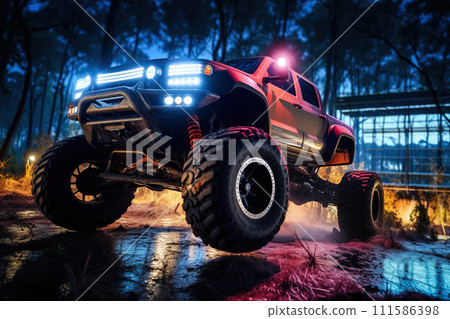 Neon-Lit Monster Truck in Action 111586398