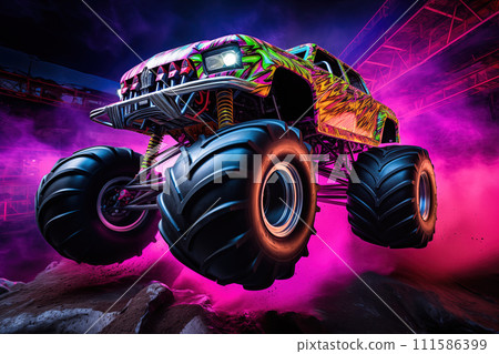Neon-Lit Monster Truck in Action in Mid-Air 111586399