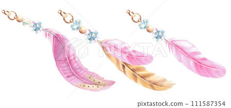 Set of watercolor compositions from pale beige and pink feathers, crystals and beads isolated on white background, hand drawn illustration. Design elements for decoration, dream catcher, cards and Set of watercolor compositions from pale beige and pink feathers, crystals and beads isolated on white background, hand drawn illustration. Design elements for decoration, dream catcher, cards and 111587354