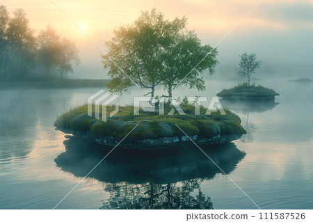 A tranquil sunrise over a misty lake with small, grassy islands and a lone tree reflecting on the water's surface. 111587526