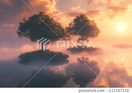 A tranquil sunrise over a misty lake with small, grassy islands and a lone tree reflecting on the water's surface. 111587528