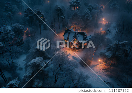 Cozy, warmly lit cabin nestled in a snow-covered forest, with gentle lights piercing the twilight ambiance. 111587532