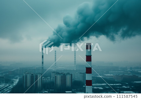 A tall smokestack releasing a thick plume of white smoke into the clear blue sky, symbolizing industrial pollution and environmental issues. A tall smokestack releasing a thick plume of white smoke into the clear blue sky, symbolizing industrial pollution and environmental issues. 111587545