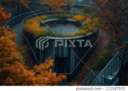 A water treatment facility on a foggy autumn morning, with orange foliage and city lights in the background. 111587555