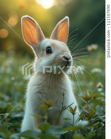 AI-generated content. Beautiful Furry Easter Rabbit Bunny on Sunny Meadow. Bokeh Lights, Spring Garden, Traditional Easter Scene. 111587690