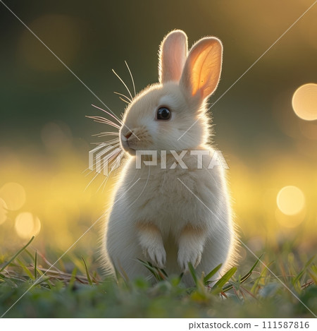 AI-generated content. Beautiful Furry Easter Rabbit Bunny on Sunny Meadow. Bokeh Lights, Spring Garden, Traditional Easter Scene. 111587816