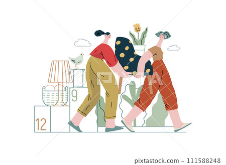 Mutual Support: Assistance with Moving -modern flat vector concept illustration of women collaboratively moving household items A metaphor of voluntary, collaborative exchanges of resource, services Mutual Support: Assistance with Moving -modern flat vector concept illustration of women collaboratively moving household items A metaphor of voluntary, collaborative exchanges of resource, services 111588248