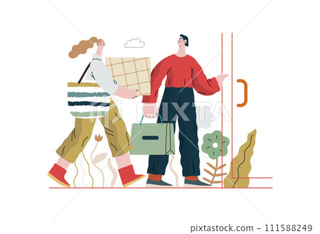 Mutual Support: Door Holding - modern flat vector concept illustration of woman carrying heavy box and man holding door for her. A metaphor of voluntary, collaborative exchanges of resource, services Mutual Support: Door Holding - modern flat vector concept illustration of woman carrying heavy box and man holding door for her. A metaphor of voluntary, collaborative exchanges of resource, services 111588249