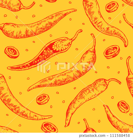 Seamless pattern with hand drawn chili peppers. Vector illustration in engraving style. Seamless pattern with hand drawn chili peppers. Vector illustration in engraving style. 111588458