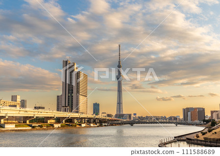 從東京潮入園區看日落時的東京晴空塔 從東京潮入園區看日落時的東京晴空塔 111588689