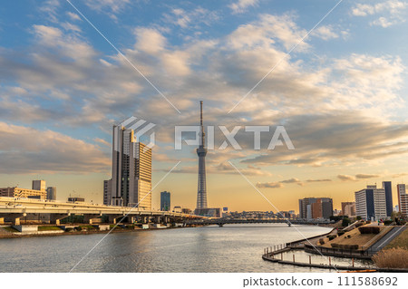 View of the Tokyo Skytree at sunset from Shioiri Park in Tokyo View of the Tokyo Skytree at sunset from Shioiri Park in Tokyo 111588692