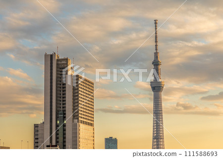 從東京潮入園區看日落時的東京晴空塔 111588693