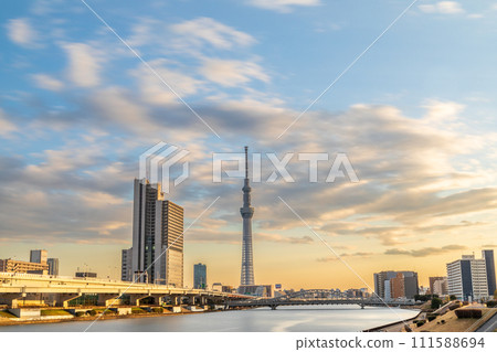 View of the Tokyo Skytree at sunset from Shioiri Park in Tokyo View of the Tokyo Skytree at sunset from Shioiri Park in Tokyo 111588694