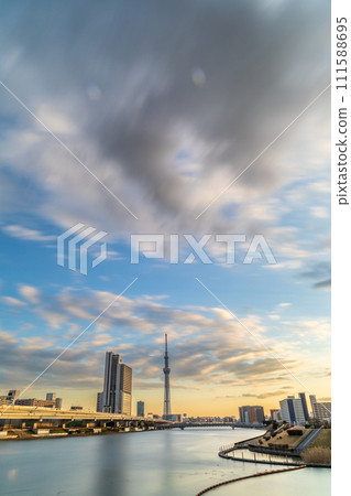 View of the Tokyo Skytree at sunset from Shioiri Park in Tokyo View of the Tokyo Skytree at sunset from Shioiri Park in Tokyo 111588695
