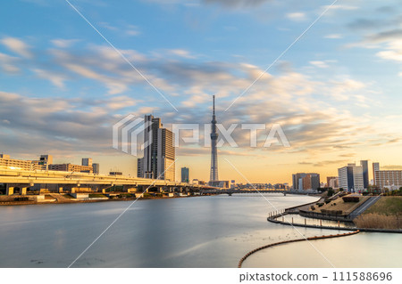 View of the Tokyo Skytree at sunset from Shioiri Park in Tokyo View of the Tokyo Skytree at sunset from Shioiri Park in Tokyo 111588696