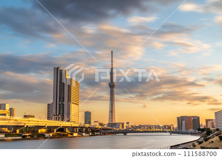 View of the Tokyo Skytree at sunset from Shioiri Park in Tokyo View of the Tokyo Skytree at sunset from Shioiri Park in Tokyo 111588700