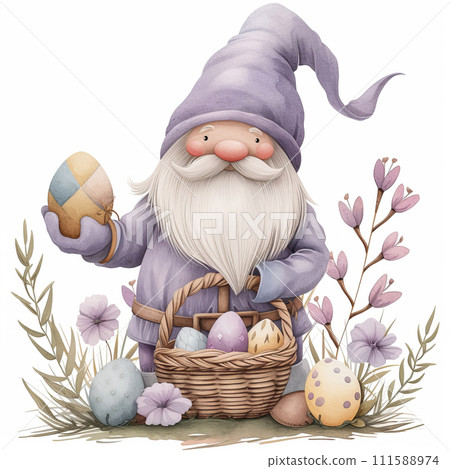 Watercolor clipart cute little gnome with easter eggs on white background, pastel colors 111588974