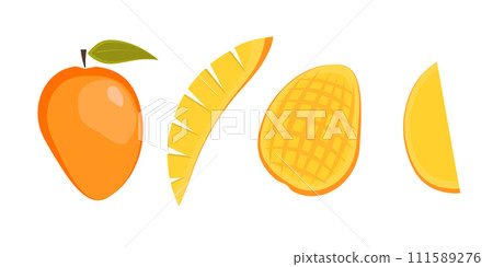 Bright flat vector exotic ripe orange and red mango set - fruit split in a half, quarter, cubes. Cute colorful simple tropical summer fruits for sticker, menu design, package 111589276