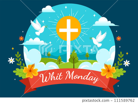 Whit Monday Vector Illustration with a Pigeon or Dove for Christian Community Holiday of the Holy Spirit in Flat Cartoon Background Design 111589762