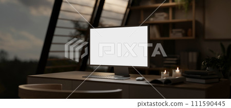 A modern home office or private office with a white-screen computer mockup on a table. 111590445