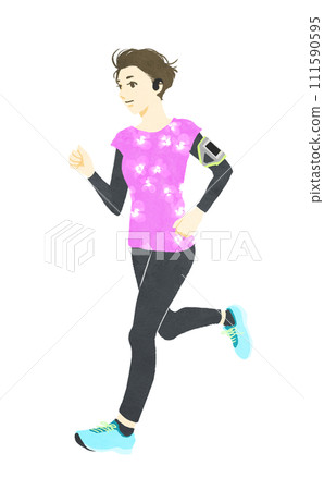 短髮、穿著花卉圖案跑步的女人 111590595
