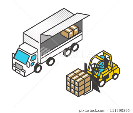 Isometric vector illustration of a worker carrying cargo with a forklift 111590895