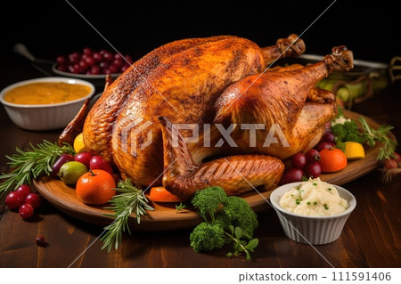 AI-generated content. Festive dinner on the table in a rustic style for Thanksgiving AI-generated content. Festive dinner on the table in a rustic style for Thanksgiving 111591406