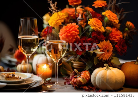 AI-generated content. Festive dinner on the table in a rustic style for Thanksgiving 111591433