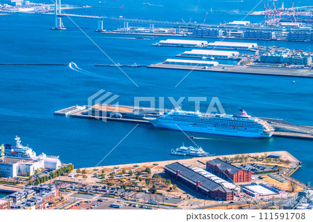 Japan's Yokohama cityscape overlooking Osanbashi, Asuka II, Skyduck, Marine Rouge, Red Brick Warehouse, etc. 111591708