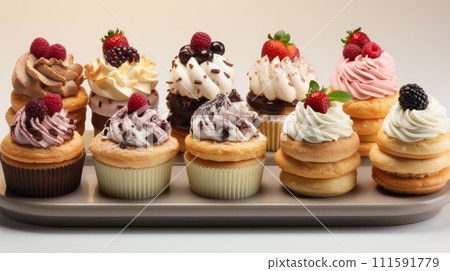 AI-generated content. Desserts and sweets in a bakery, isolated on white background. Apple pie, chocolate chip cookies, cream puffs, red velvet cake, cupcakes. Bakery food set and collection. AI-generated content. Desserts and sweets in a bakery, isolated on white background. Apple pie, chocolate chip cookies, cream puffs, red velvet cake, cupcakes. Bakery food set and collection. 111591779