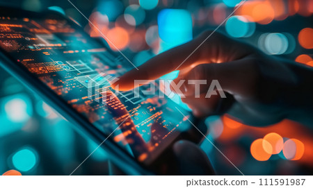 Close-up of a finger interacting with a futuristic touchscreen interface, depicting advanced technology and digital innovation. 111591987
