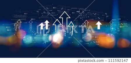 Rising arrow theme with blurred city at night Rising arrow theme with blurred city at night 111592147