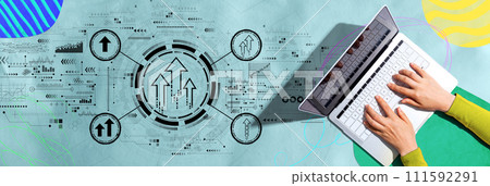 Rising arrow theme with person using a laptop Rising arrow theme with person using a laptop 111592291