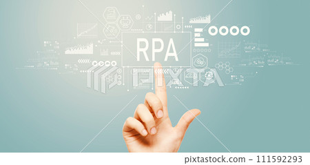 Robotic Process Automation theme with hand pressing a button Robotic Process Automation theme with hand pressing a button 111592293