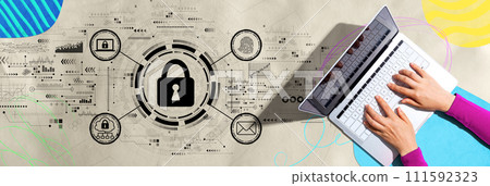 Internet network security concept with person using a laptop 111592323