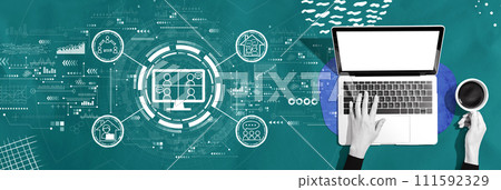 Online meeting theme with person using a laptop Online meeting theme with person using a laptop 111592329
