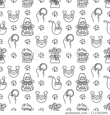 St Patricks day doodle style seamless pattern in black and white 111592949