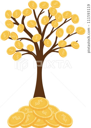 Wealth accumulation and the compounding of money invested in businesses resulting in the growth of numerous coins and banknotes, akin to a flourishing tree. 111593119