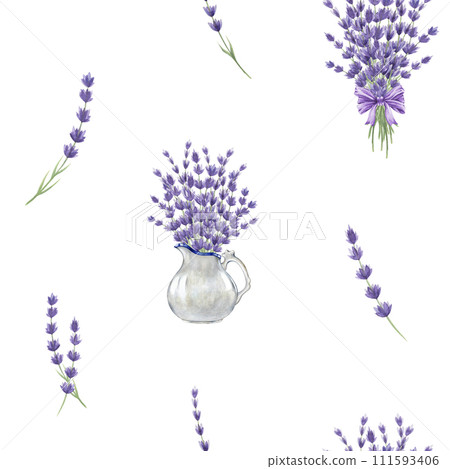 Lavender flowers bouquet seamless pattern. Watercolor illustration. Hand drawn organic lavandula herb rustic style decor. Lavender flowers seamless pattern. White background 111593406