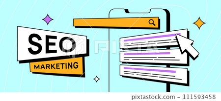 SEO Marketing digital strategy. Website seo ranking. Horizontal seo header with mobile phone, search bar and serp results. Neobrutalism design style vector illustration with icons on mint background 111593458