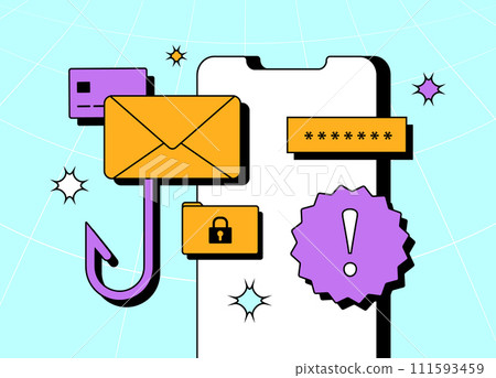 Defend against e-mail phishing and mobile fraud. Enhance online safety with fraud alert system. E-mail phishing, scam malware neobrutalism design style vector illustration on mint background 111593459