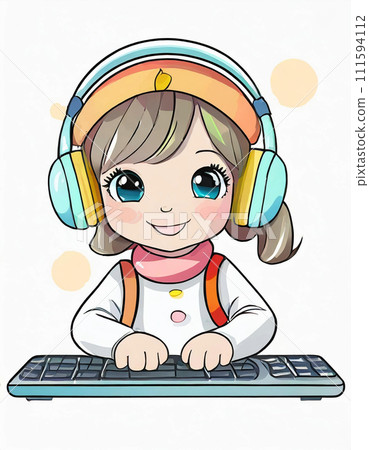 Cute kid wearing headphones and working on a computer 111594112