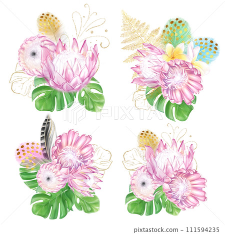 Set of watercolor tropical bouquets of pink protea, monstera and feathers. Romantic flowers. exotic design. luxury decor 111594235