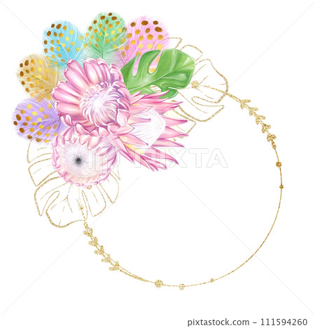 Golden round frame with watercolor pink protea flowers, monstera tropical leaves, colorful feathers with golden elements. Luxury design. Template for creating invitations. Golden round frame with watercolor pink protea flowers, monstera tropical leaves, colorful feathers with golden elements. Luxury design. Template for creating invitations. 111594260