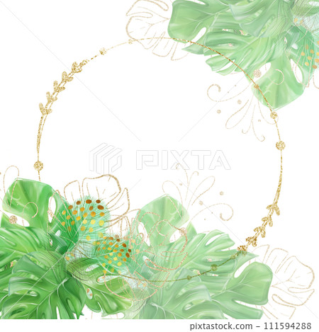 Round frame with monstera tropical leaves. Watercolor illustration. Template for design 111594288